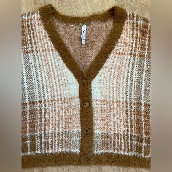 RVCA rare plaid v-neck cardigan women’s medium sweater brown tan cream unisex - Picture 7 of 10